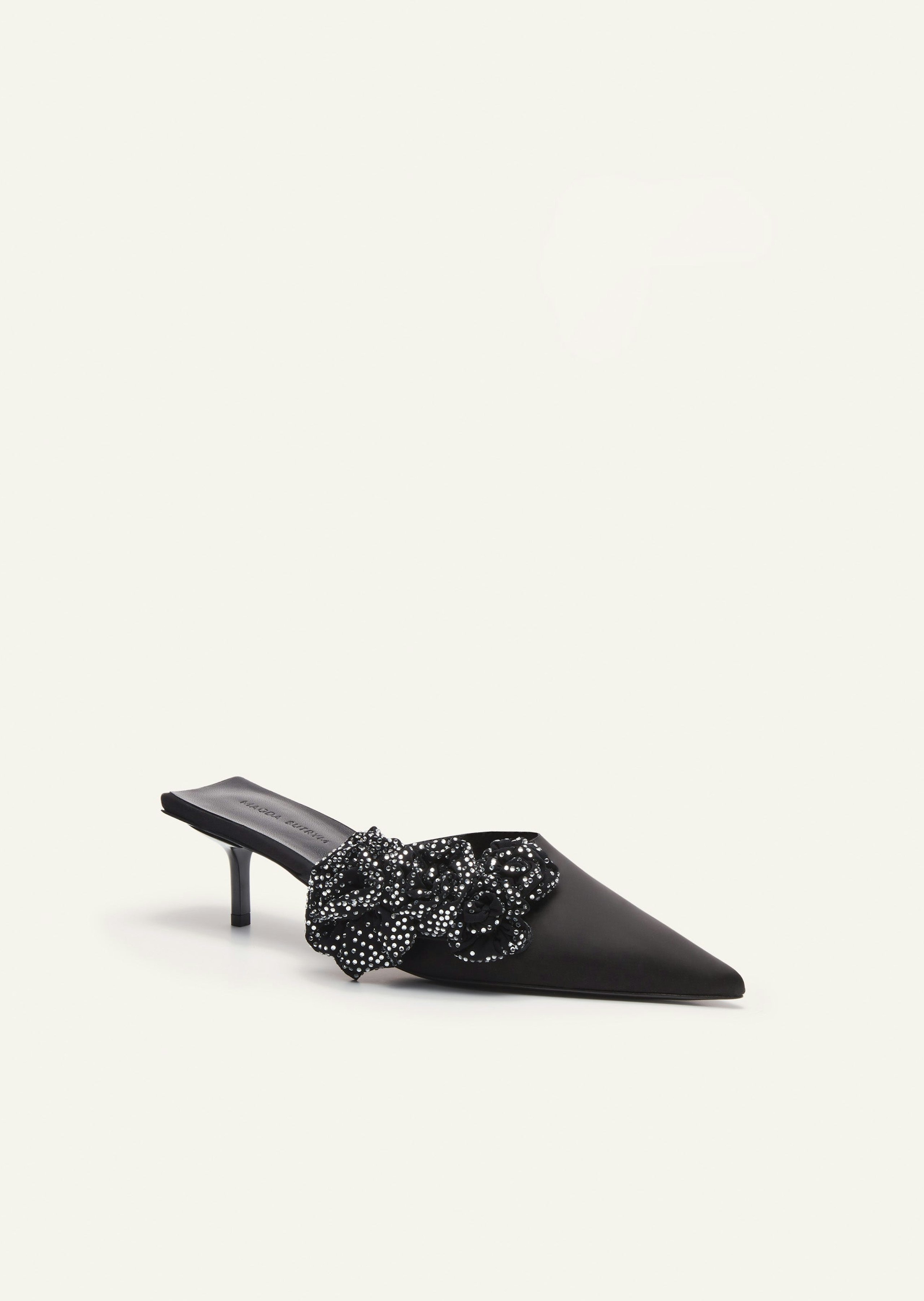 AW23 LOW MULES SATIN BLACK PATCH CRYSTALS